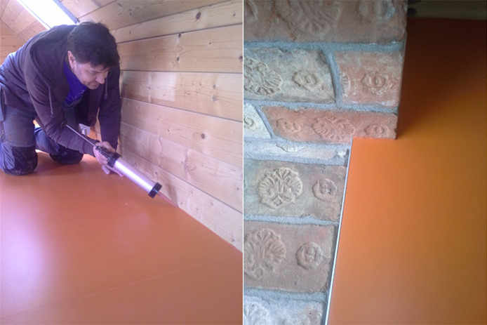 Obergeschoss eines EFH mit Linoleum: Verlegt wurden 80 m² TARKETT Linoleum Etrusco orange auf bauseits hergestellten Spanplattenuntergrund.